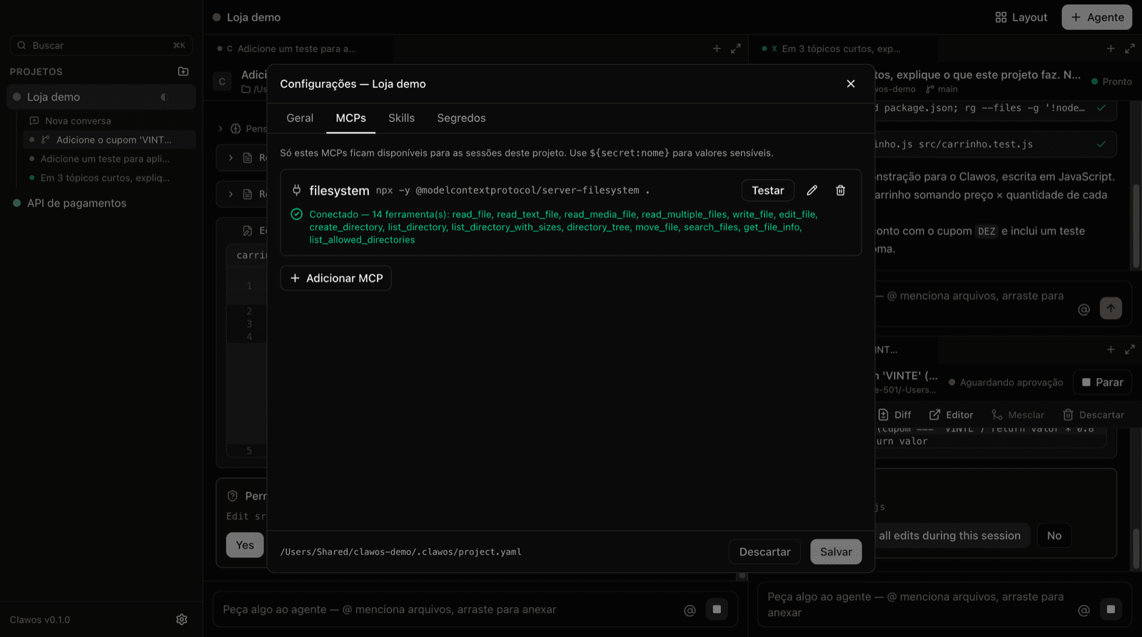Configurações do projeto: MCPs